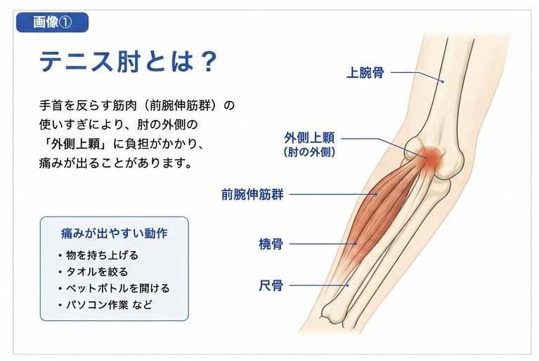 テニス肘で痛みが出やすい肘外側の一般的な構造図