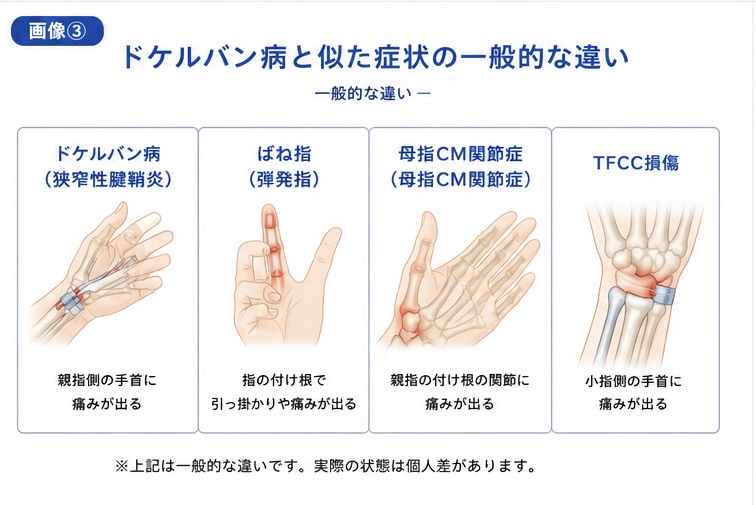 ドケルバン病とばね指・母指CM関節症・TFCC損傷の一般的な違い
