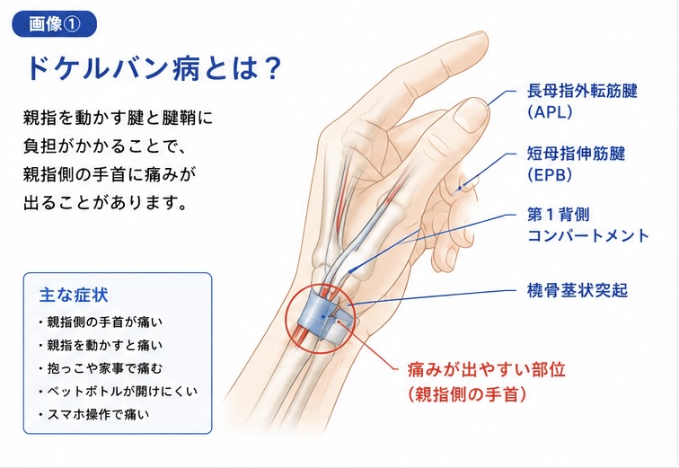 ドケルバン病で痛みが出やすい親指側手首の一般的な構造図