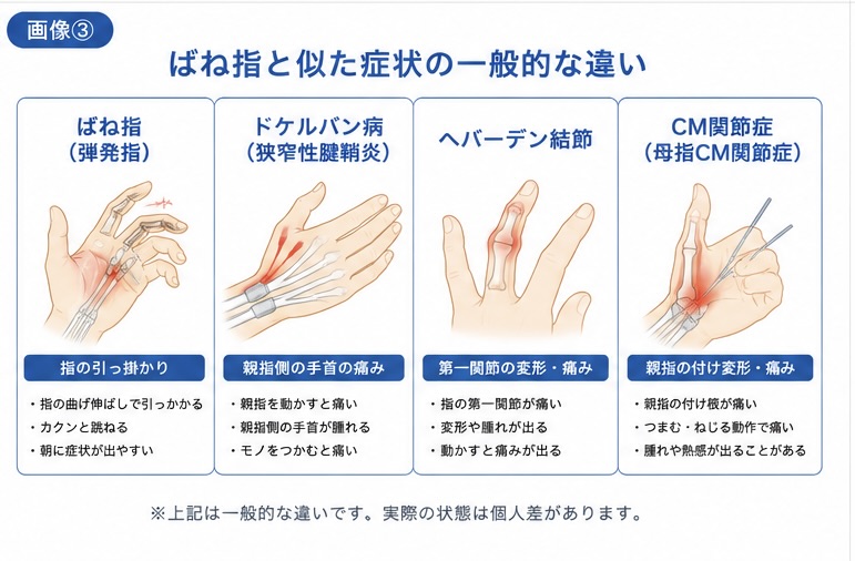 ばね指とドケルバン病・へバーデン結節・CM関節症の一般的な違い