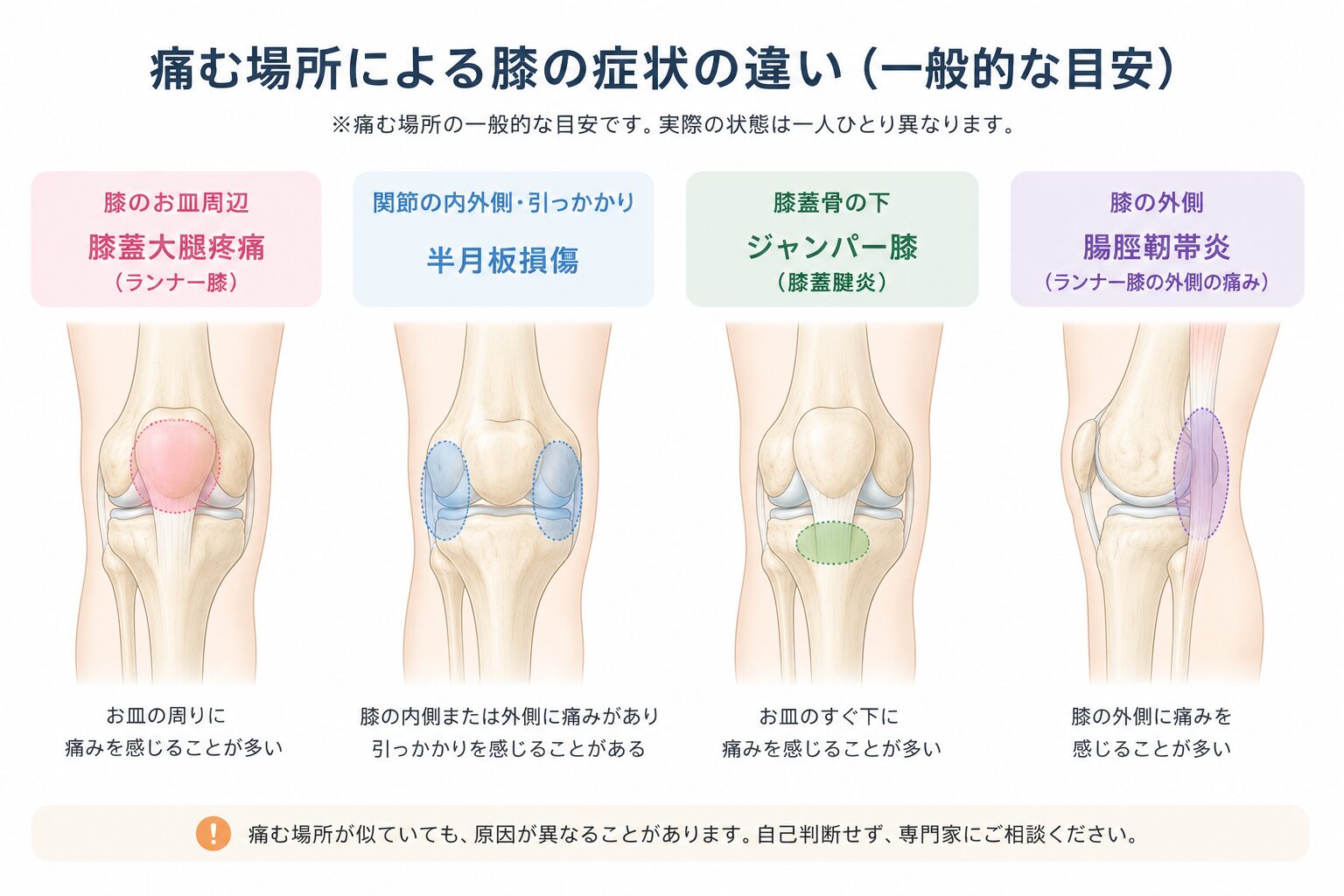膝のお皿周辺・半月板・ジャンパー膝・腸脛靭帯炎の痛む場所の違い