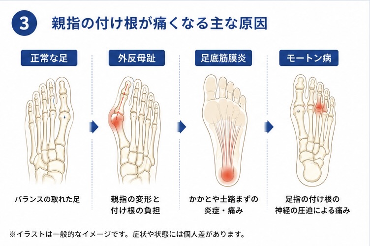 親指や足部の痛みが出やすい部位の一般的な比較図