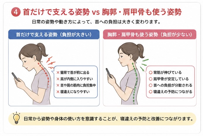 首だけで支える姿勢と肩甲骨も動く姿勢の比較図