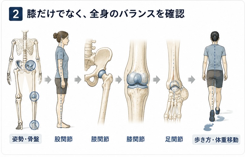 膝だけでなく股関節や足首と歩き方も確認する図