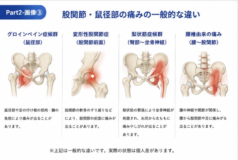 股関節や鼠径部の痛みの一般的な違い