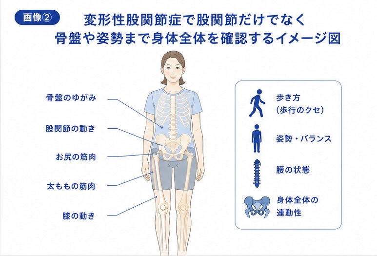 変形性股関節症で股関節だけでなく骨盤や姿勢まで身体全体を確認するイメージ図