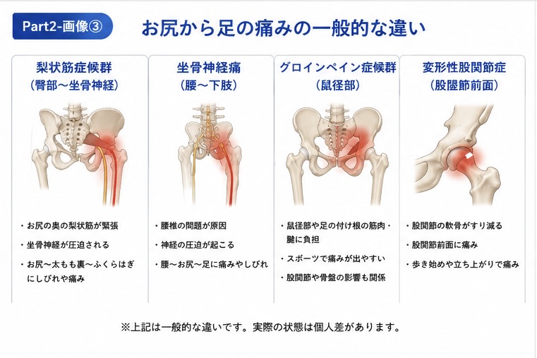 梨状筋症候群と関連疾患の一般的な違い