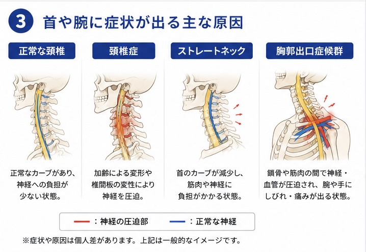 首や腕に症状が出る代表的な原因の一般的な比較図